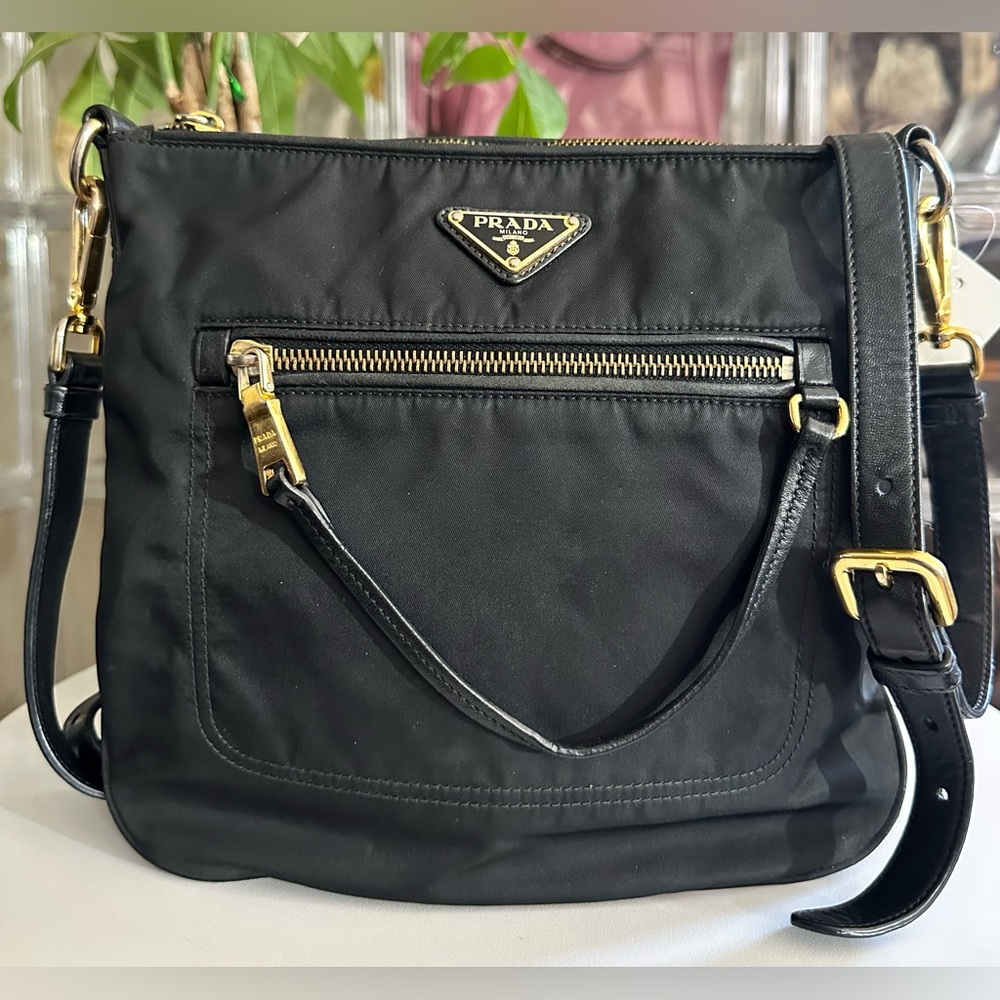Prada Black Nylon Crossbody Bag with Gold Hardware Accents